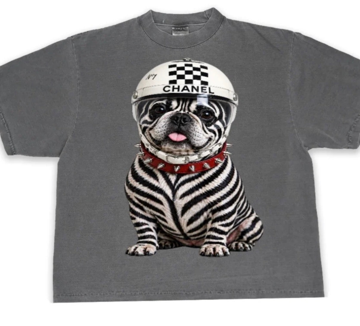 Zebra in shadow color tee with Chanel helmet