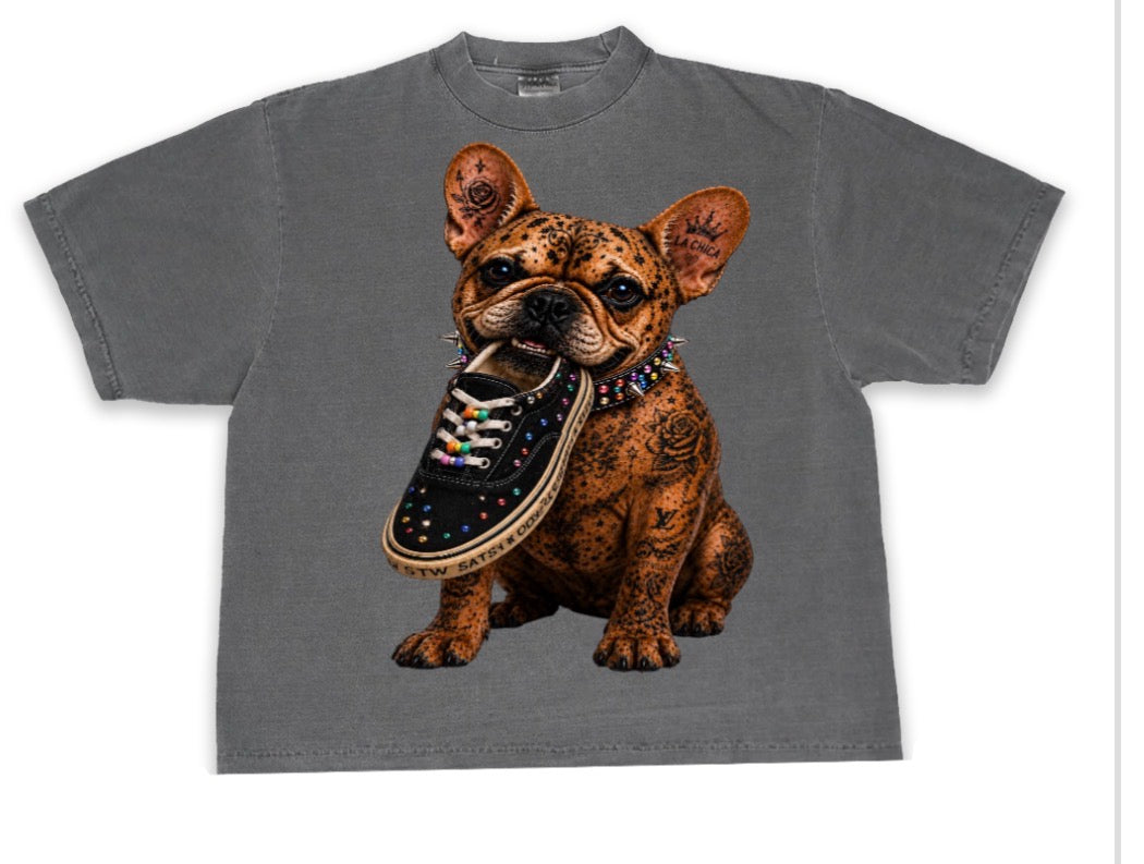 Frenchie in tattoos with black vans sneaker