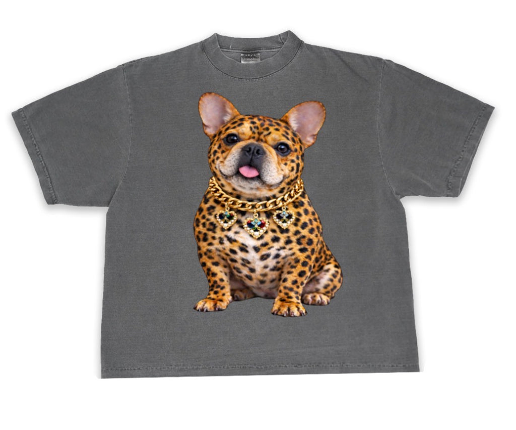 French Leapord bulldog graphic design on front of tee
