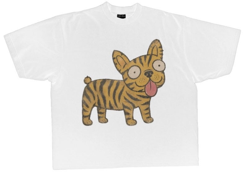Frenchie cartoon tee in tiger stripes, oversized googly eyes