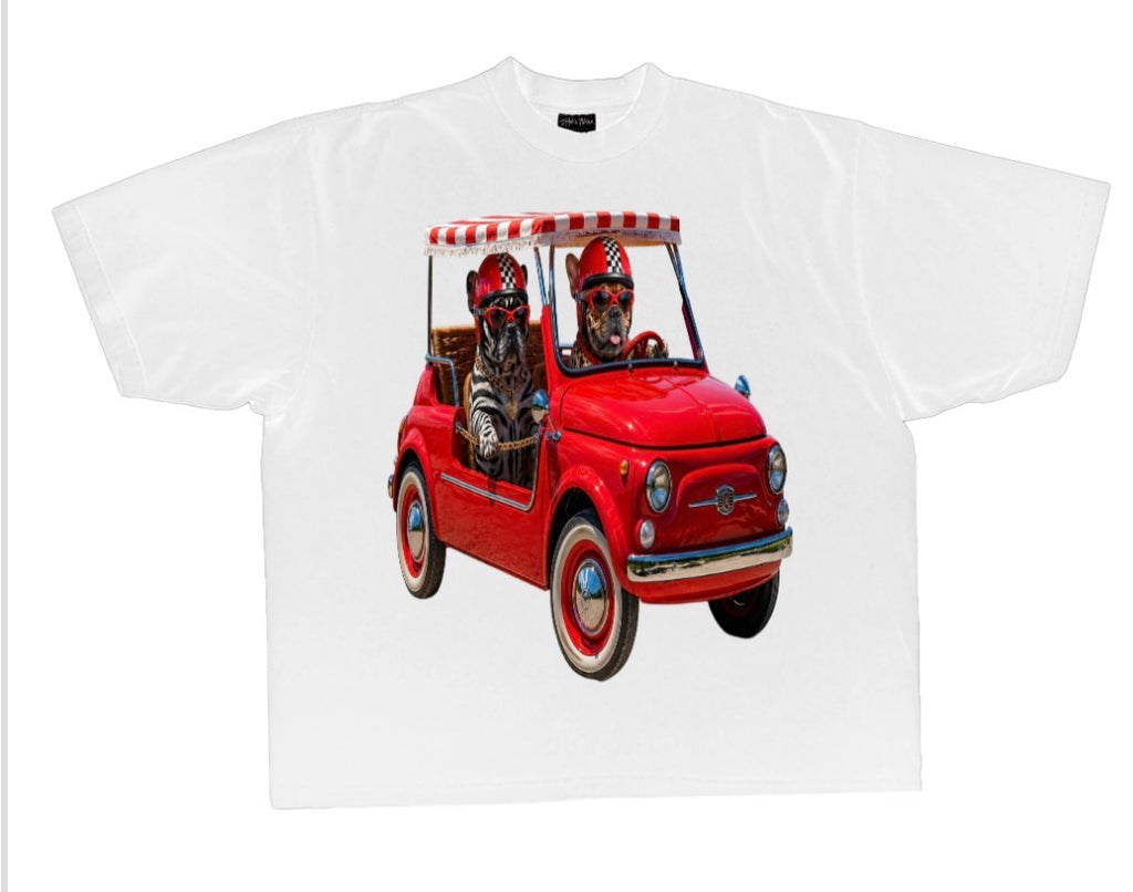 Vintage red mini car with Frenchies driving