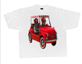 Vintage red mini car with Frenchies driving