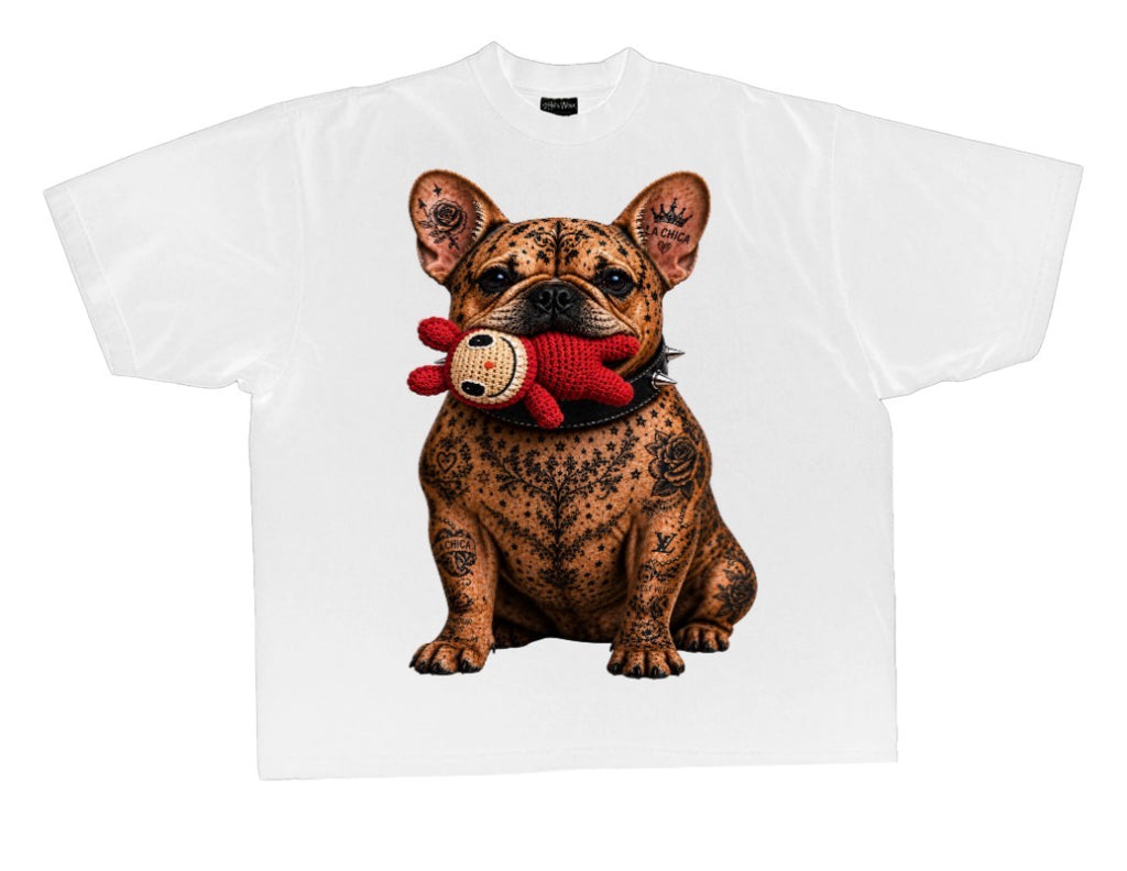Boxy fit unisex Tattoo Frenchie with Red Labubu toy