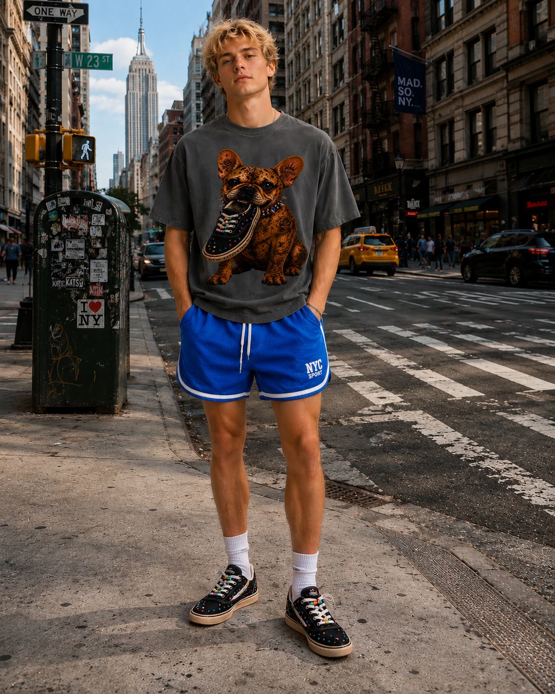 Frenchie in tattoos with black vans sneaker
