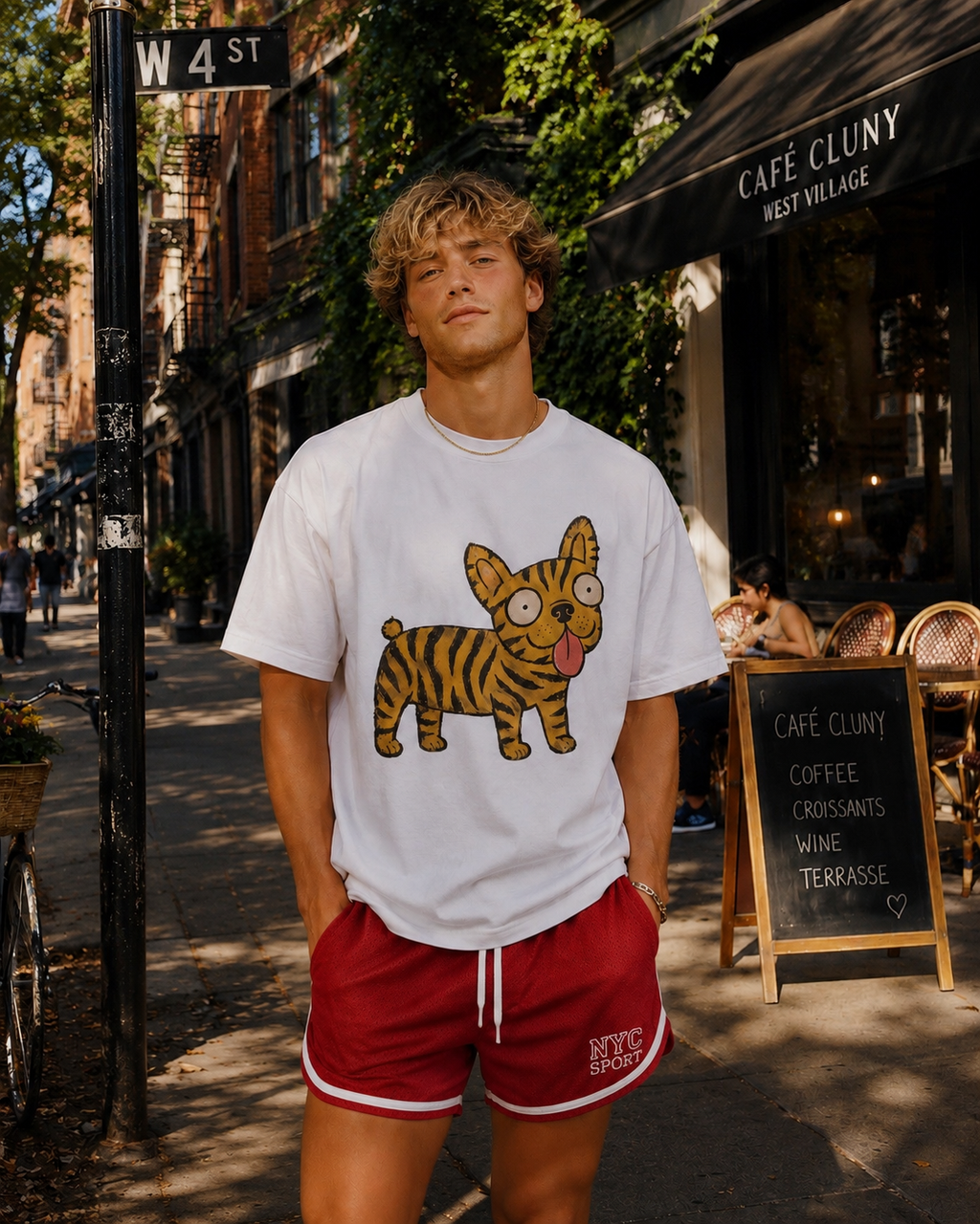 Frenchie cartoon tee in tiger stripes, oversized googly eyes