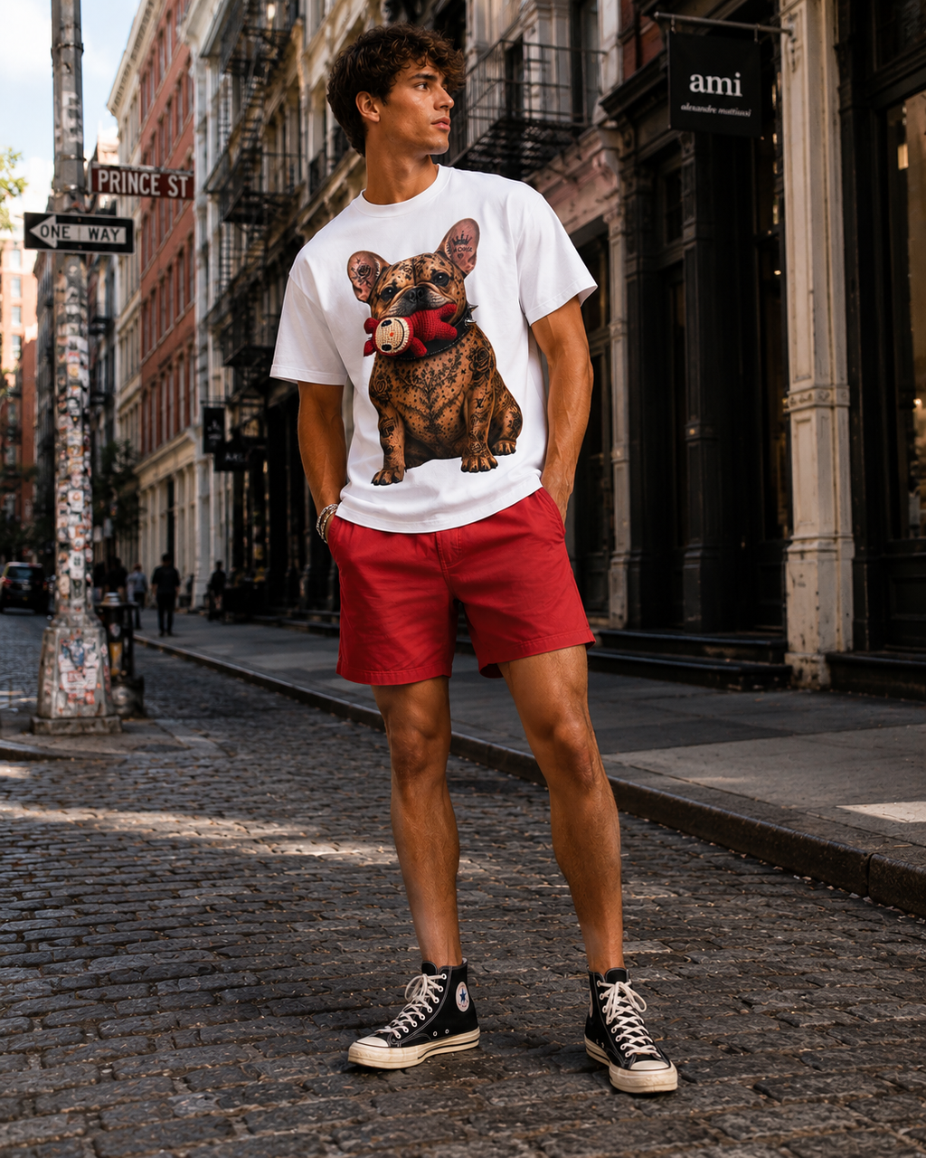 Boxy fit unisex Tattoo Frenchie with Red Labubu toy