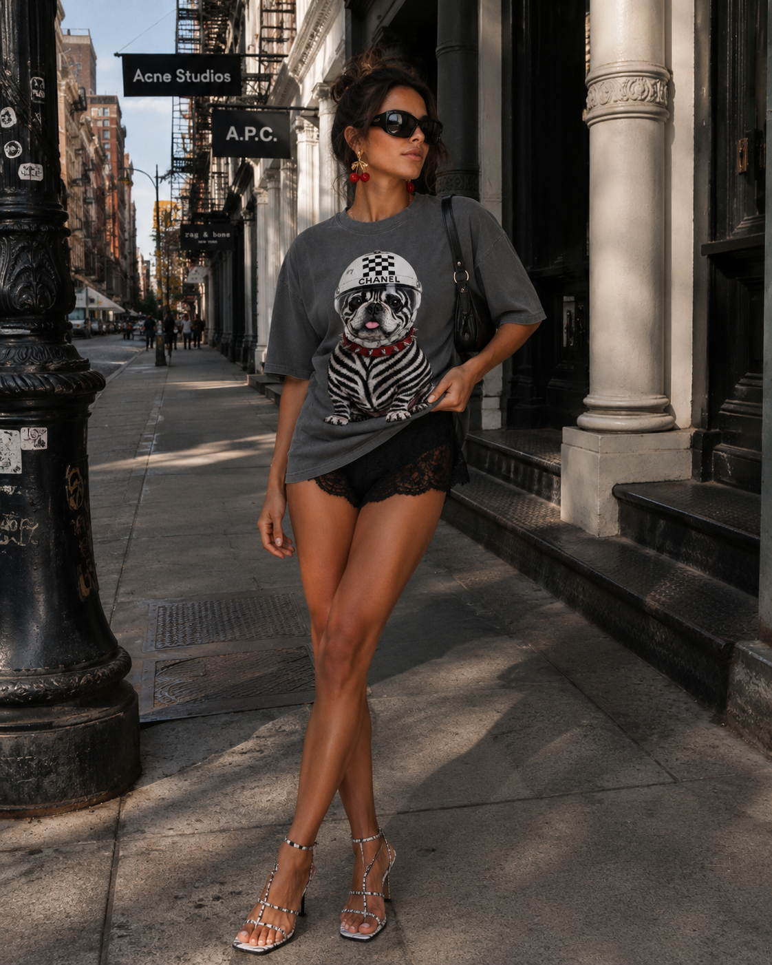 Zebra in shadow color tee with Chanel helmet