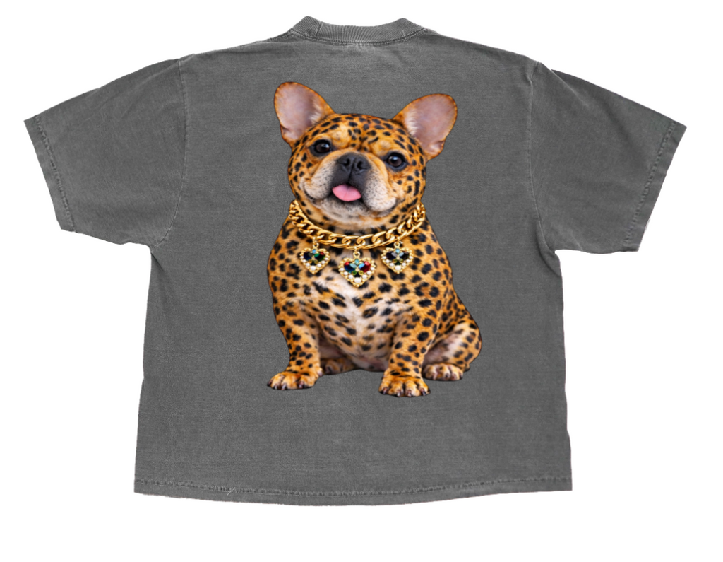 Frenchie leopard t-shirt with graphic dog design on back & logo on front La Chica WestVillage NYC