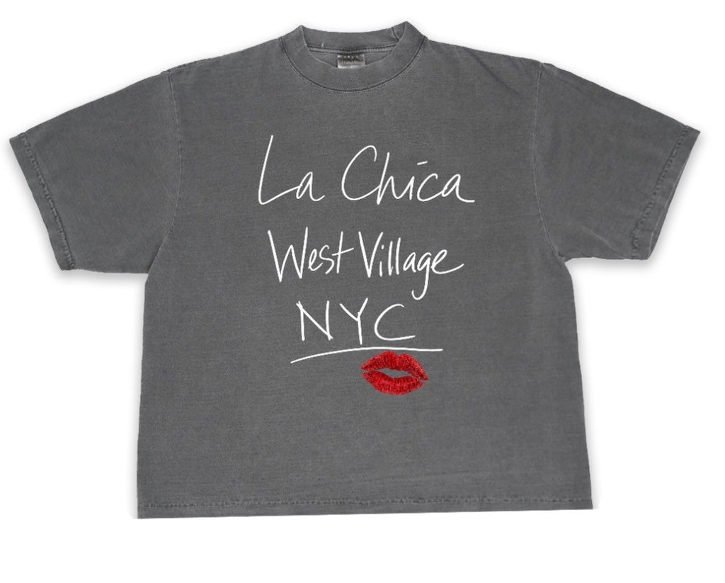 Frenchie leopard t-shirt with graphic dog design on back & logo on front La Chica WestVillage NYC