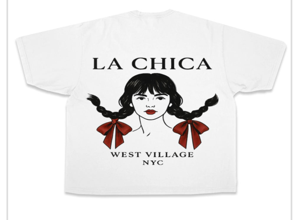 La chica west village logo on front of t-shirt